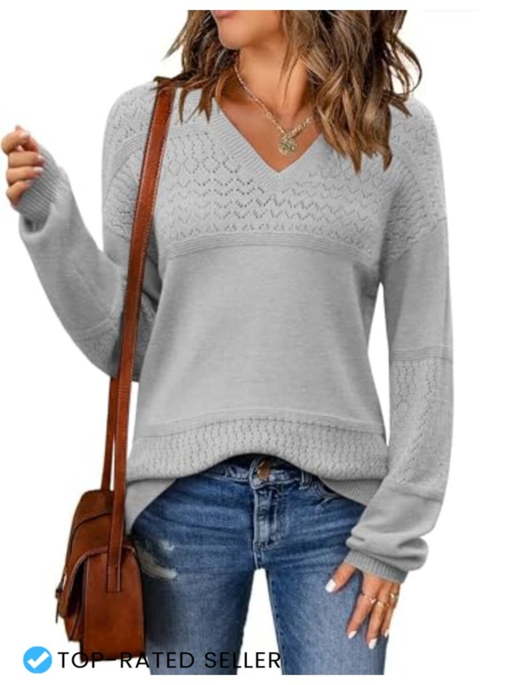 Zeagoo Womens V-Neck Crochet Cable Knit Pullover Sweater Lightweight